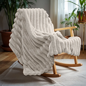 Plaid Rib Rabbit Fur - Ecru