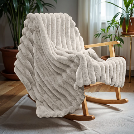 Plaid Rib Rabbit Fur - Ecru