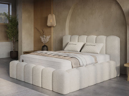 Boxspring Dreamhouse Harmony met opbergruimte in crème teddy bouclé stof, sfeerbeeld slaapkamer