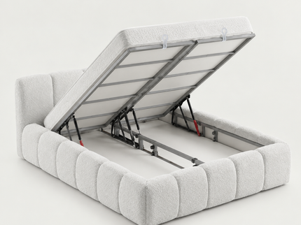 Boxspring Palermo in crème, opbergruimte geopend met zichtbaar mechanisme in studio