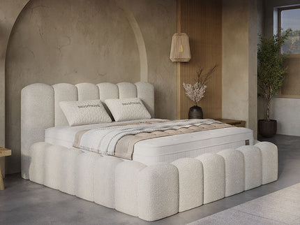 Boxspring Dreamhouse Harmony met opbergruimte en matras in teddy bouclé stof, sfeervolle kamer 