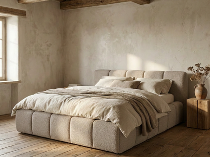 Palermo Essential in taupe, bed in landelijke slaapkamer met houten balken