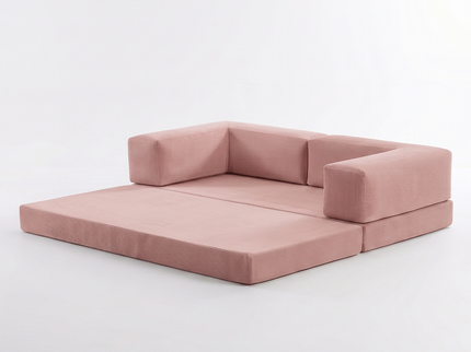 Slaapbank Fluffy in oud roze, hoekaanzicht op donkere studioachtergrond